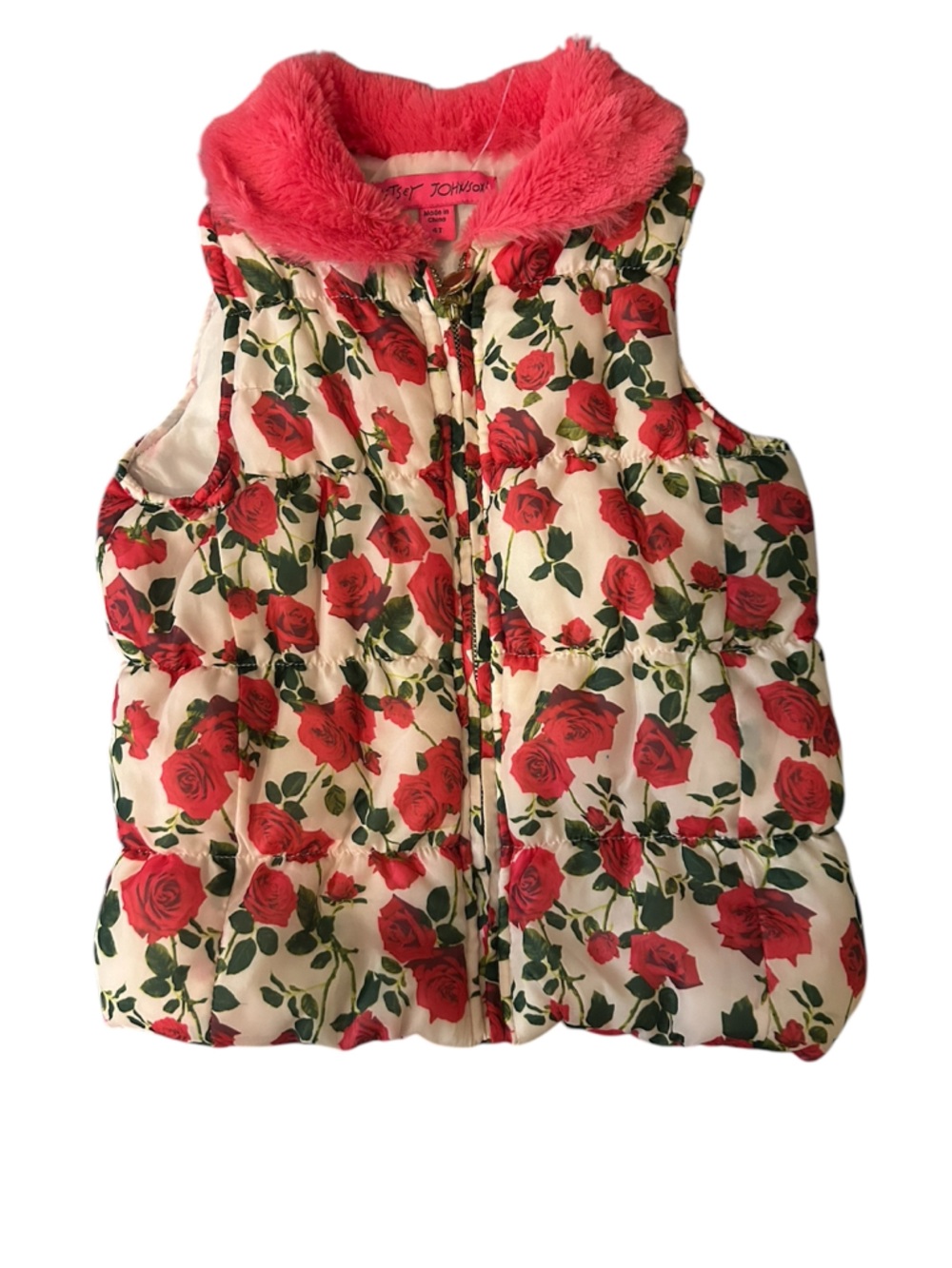 Betsey Johnson Pink Faux Fur Trim Floral Puffer Vest